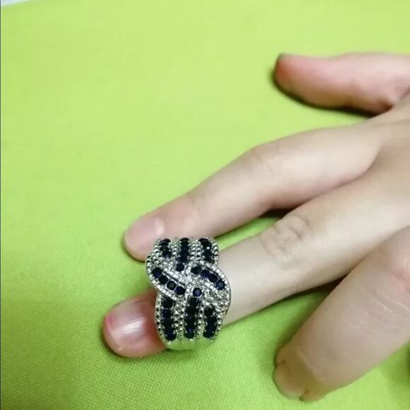 New Silver Blue Sapphire Braided Wide Band Ring - Picture 5 of 7